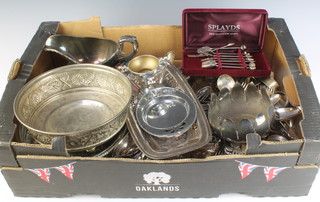 A silver plated sauce boat and stand and minor plated items 