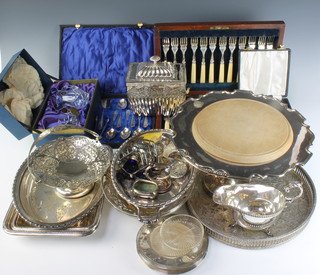 Two silver plated entrees, a plated cake stand, 2 cased sets and minor plated items 