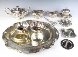 A silver plated 3 piece repousse tea set, ditto tray and minor items 