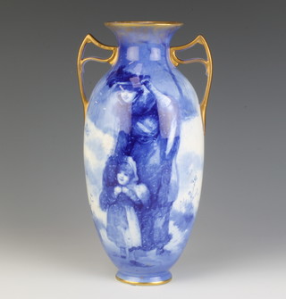 A Royal Doulton oviform vase decorated with a winter scene with mother and child having gilt decoration 30cm 