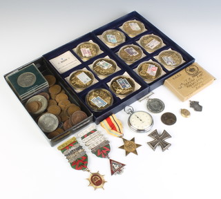 2 World War Two medals comprising War medal and Africa Star to T A Vaughan in original posting box, bus driver medals, minor coins, crowns and medallions etc 