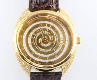 A gentleman's Zoughaib gilt wristwatch set with diamonds on a leather strap 