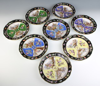 A set of 8 early 20th Century Meissen plates with black floral borders enclosing panels of flowers and figures in harbour scenes 20cm 
