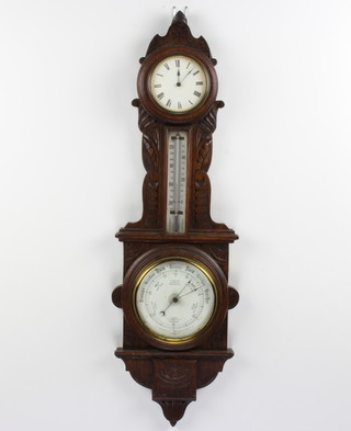 A combined barometer and timepiece with paper dial and Roman numerals, the dial marked J Harrop of Manchester, contained in a carved oak case 