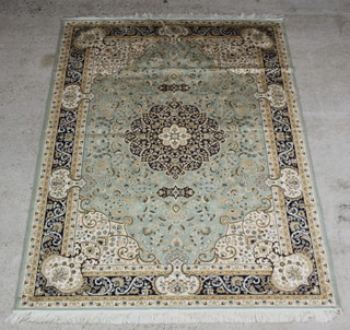 A green and blue ground Kashan Belgian cotton style floral patterned carpet with central medallion 230cm x 160cm  