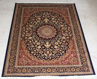 A blue and gold ground Kashan style Belgian cotton carpet with floral pattern and central medallion 280cm x 200cm  