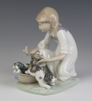 A Lladro figure of a young girl with 3 puppies in a basket 5595 13cm 