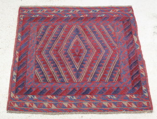 A square blue and red ground Gazak rug with diamond decoration 124cm x 122cm 