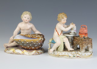 A pair of Meissen figures, putti reclining by a giant shell and making a pot of hot chocolate, both on Rococo bases with painted and impressed marks 11.5cm 
