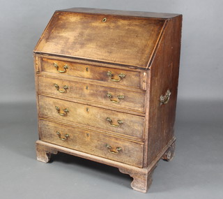 A George III bleached mahogany bureau, the fall front revealing a well fitted interior above 4 long graduated drawers with brass carrying handles to the sides, raised on bracket feet 105cm h x 84cm w x 53cm d 