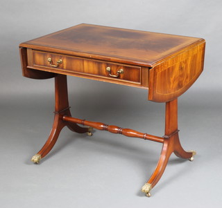 A Heldense Georgian style inlaid mahogany sofa table fitted 1 long drawer with H framed stretcher 74cm h x 60cm w x 85cm d 
