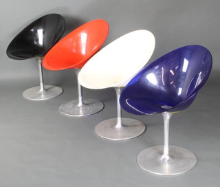 Eros by Kartell, a set of 4 mid 20th Century formed plastic revolving chairs, in 4 different colours, raised on chrome bases 