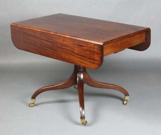 A 19th Century mahogany drop flap pedestal dining table raised on gun barrel tripod supports ending in brass caps and casters 76cm h x 107cm w x 62cm when closed x 104cm when extended (this table is made up) 