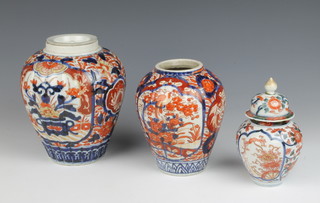 An Imari baluster vase and cover decorated with flowers 16cm, 2 bulbous ditto 18cm and 20cm 