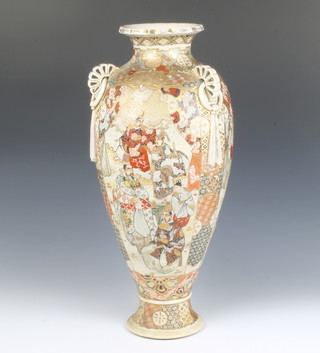 An early 20th Century Japanese oviform Satsuma vase with triple handles and panels of warriors and figures 63cm 