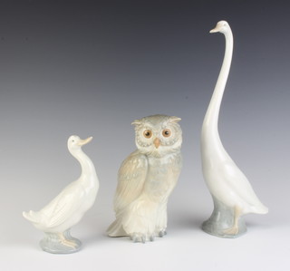 A Nao figure of a goose 30cm, a ditto 15cm and an owl 17cm 