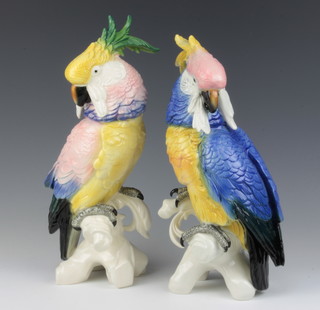 A pair of Karl Ens figures of parakeets on rocky bases 34cm 
