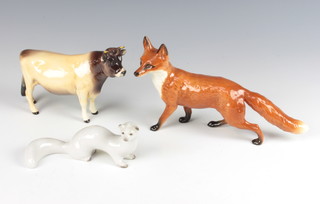A Beswick standing fox no. 1016A 14cm, red brown and white gloss, together with a ditto bull (chipped ear) 11cm and a Russian figure of a mink 14cm 