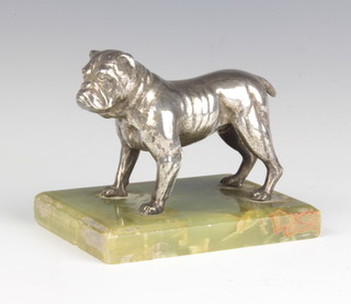 An Art Deco chromium plated paperweight in the form of a standing bulldog, raised on a rectangular green veined marble base 8cm x 10cm x 6cm 