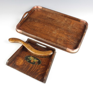 A 1930's Art Deco twin handled tea tray with copper mounts 5cm x 41cm x 27cm together with an oak crumb tray and brush 4cm x 22cm x 19cm 