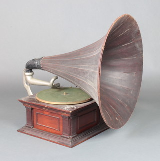 A HMV wooden horn "Junior Monarch" gramophone contained in a mahogany case with pressed wooden horn 
