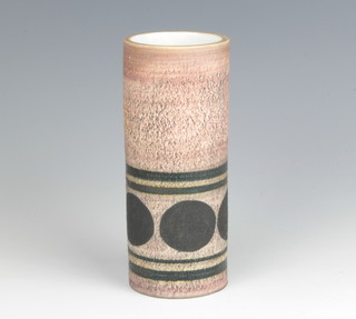 A Troika St Ives Pottery cylindrical vase with geometric decoration on a brown ground decorated by Marilyn Pasco 16cm 