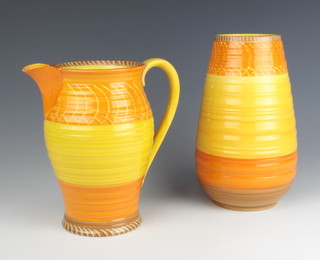 An Art Deco Shelley oviform vase decorated with wide bands of orange and yellow 985 23cm, a ditto jug 20cm 