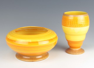 An Art Deco Shelley tapered vase with broad bands of yellow and orange decoration 15cm, a ditto squat bowl 9cm 