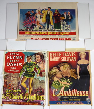 Five movie posters of Bette Davis film including 4 Belgian (translated) "Millionaire for a Day" 36cm h x 53.7cm w, "The Private Lives of Elizabeth and Essex" 36cm w x 47.5cm h, "Payment on Demand" 36cm w x 49cm h, Madame Sin  35cm w x 54cm h and one US Half Sheet poster "Hush Hush Sweet Charlotte" 71.5cm w x 56cm h