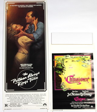 Two movie poster of Jack Nicholson films to include :-  a US insert (14" X 36") of "The Postman Always Rings Twice" and a Belgian poster "Chinatown" 36cm w x 54.5cm h