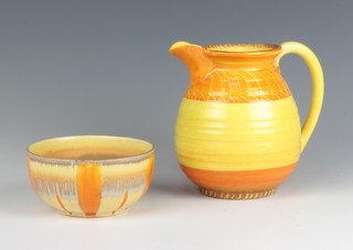 An Art Deco Shelley jug with broad yellow and orange decoration 14cm and a ditto deep bowl 6cm 