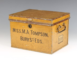 A 19th Century painted metal twin handled deed box marked Miss M A Tompson Bury St Eds (no key) 20cm x 30c, x 23cm 
