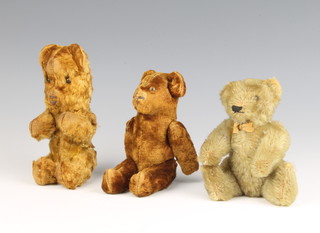 A brown teddy bear with articulated limbs 12cm (wear to feet and pads) and 2 other brown bears 15cm (in wear) 