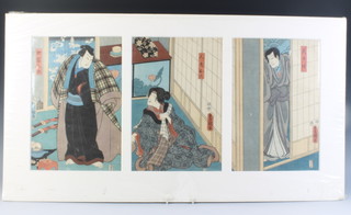 Utagawa Kunisada (1823 - 1880) woodblock prints, triptych, scene from the Kabuki Drama, each 35cm by 23cm