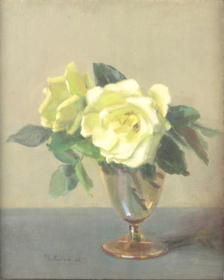 Nora H Cullen '33, oil on board, still life study of a vase of yellow roses, signed 24cm x 19cm 