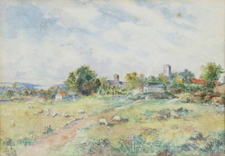 20th Century watercolour, monogrammed, country study with sheep before buildings 13cm x 18cm 