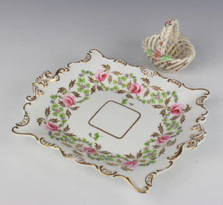A Derby Stevenson and Hancock dessert plate decorated with roses 28cm, a Continental floral basket 10cm 