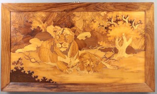 An early 20th Century parquetry panel of a lioness and cub 36cm x 68cm 