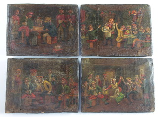 Four 18th Century oils on panels, monogrammed REL, Inn interiors with groups of people, eating, drinking, dancing and smoking 10cm x 13cm 