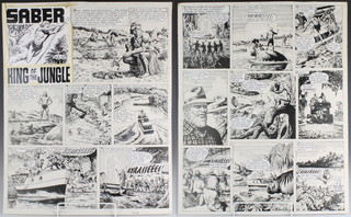 Denis McLoughlin (1918-2002). Two original pen and ink on board storyboards of "Saber King of the Jungle" for Tiger & Hurricane magazines dated 7th September 1968, both  51cm x 40.5cm 