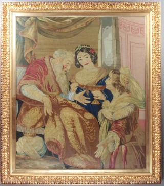 A Victorian woolwork embroidery of an interior scene with figures 85cm x 70cm 