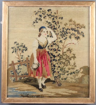 A Victorian woolwork embroidery of a lady in a rural setting 40cm x 35cm 