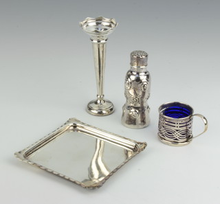 A sterling silver repousse pepper 9cm, a posy vase, a mustard holder and tray, 130 grams of weighable silver