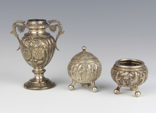 A Continental repousse silver 2 handled vase decorated with flowers 10cm, 2 Indian silver condiments, 259 grams