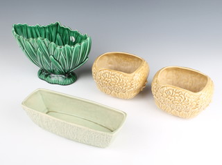 A pair of Sylvac beige vases with floral decoration 2097 15cm, a ditto green trough 3882 27cm and a leaf vase 2456 27cm 