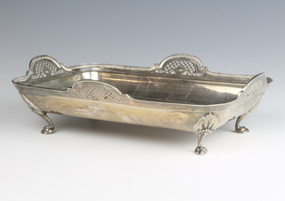 A rectangular silver dish with pierced handles on claw feet, Sheffield 1912, 24cm 470 grams 