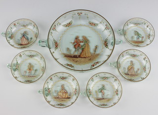 An early 20th Century Continental clear glass 2 handled bowl decorated with a fete gallant scene together with 6 ditto cups with polychrome floral swags and figures 