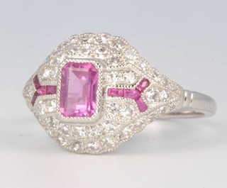 A platinum Art Deco style pink sapphire and diamond ring, size M 1/2