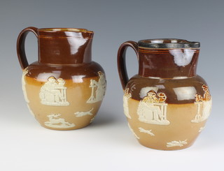 Two Royal Doulton hunting jugs 15cm and 16cm, 1 with silver lip 