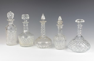 A cut glass ships decanter with mushroom stopper 24cm, 3 mallet decanters and a cylindrical ditto  